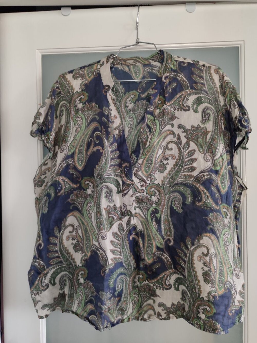100% Ramie MNG Green Blue Paisley Print  Short Sleeve Boho Blouse XL EUC